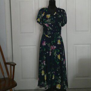DKNY Navy Dress with flowers and belt. Size 10